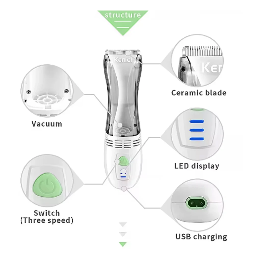 Kemei KM-79 فراغ حلاقة عدة كتم النوم الطفل اللاسلكي الشعر المتقلب التلقائي جمع الأطفال مشابك شعر منخفضة الضوضاء الاستخدام المنزلي