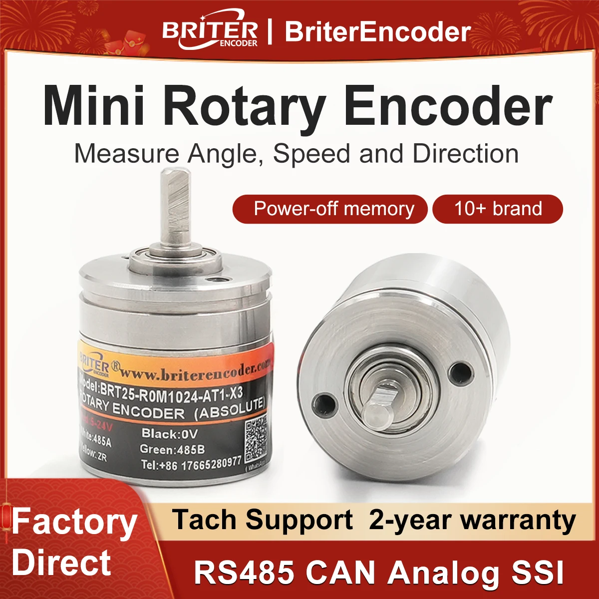 Miniature Absolute Encoder ⌀ 25mm-4mm Shaft Briterencoder RS485 RS232 Modbus RTU High Accuracy IP54&IP68