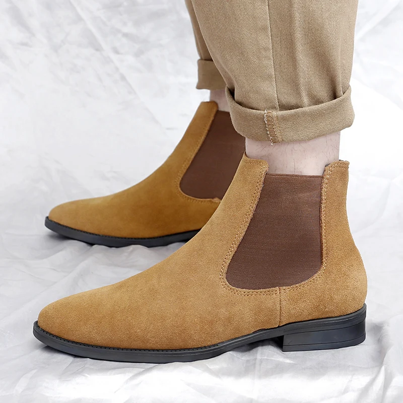 Botas Chelsea de cuero informales de alta calidad para hombre de marca italiana, zapatos de trabajo formales de diseñador planos hechos a mano de gamuza de cuero genuino para fiesta