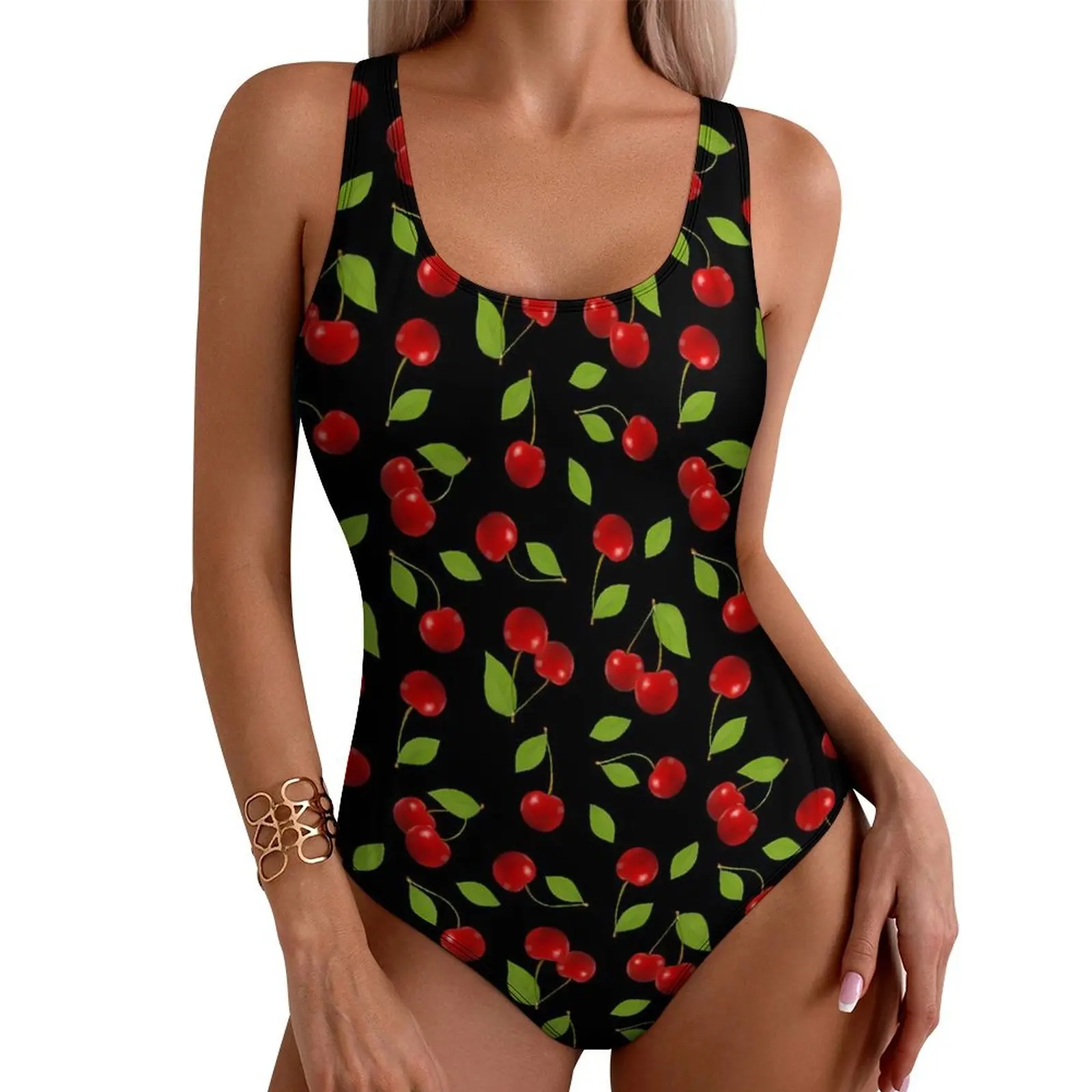 Cute Cherries Swimsuit Sexy Green Leaves One Piece Swimwear Push Up Swimsuits Trendy Beach Beach Wear