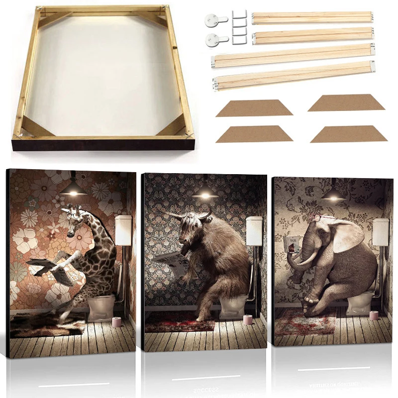 

Funny Animal Vintage Poster Prints with Frame Elephant Rhino Giraffe Reading on Toilet Canvas Art Painting Wall Picture Decor