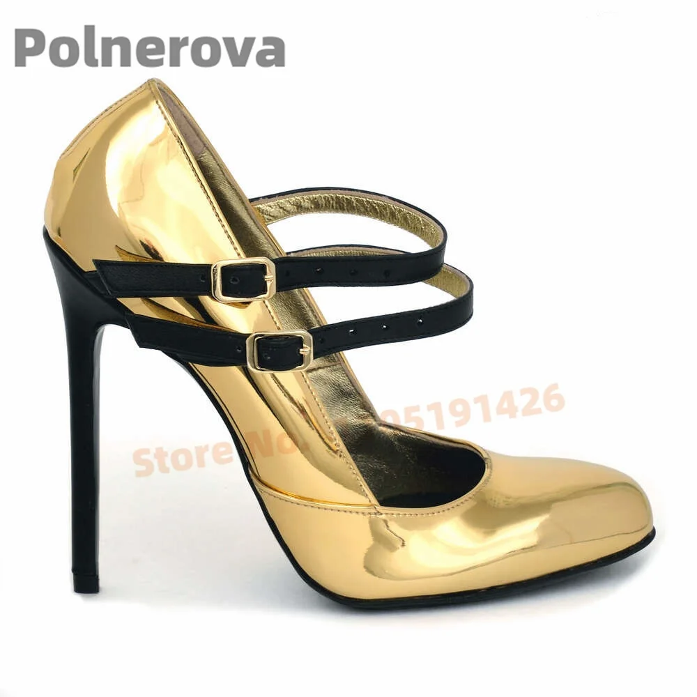 Gold Silver Double Buckle Stiletto Pumps for Women Sexy Elegant Round Toe Patent Leather High Heels 14Cm Shallow Party Shoes