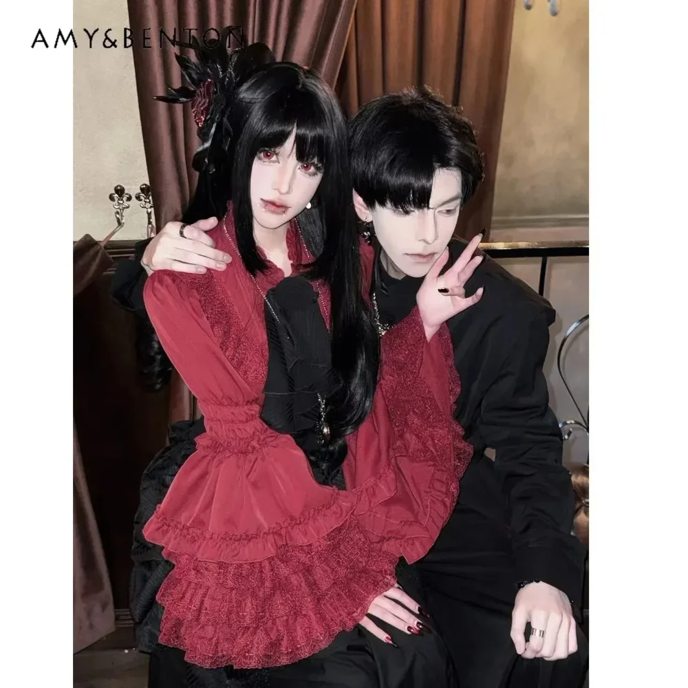 Original Lolita Chiffon Shirt Lace Splicing Flared Sleeve Gothic Blouse Gorgeous Heavy Industry Long Sleeve Shirts Versatile