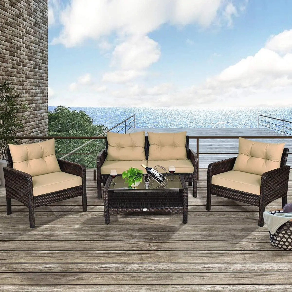 4-Piece Outdoor Wicker Conversation Set with Glass Table, All-Weather Cushions for Porch, Garden, Poolside