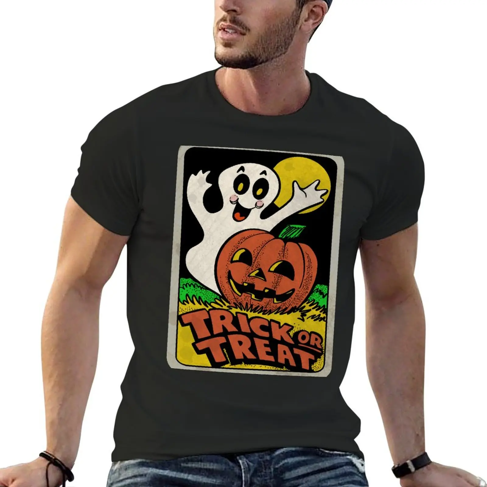 

Vintage Halloween Trick or Treat Ghost with Pumpkin T-Shirt sublime graphics men clothes