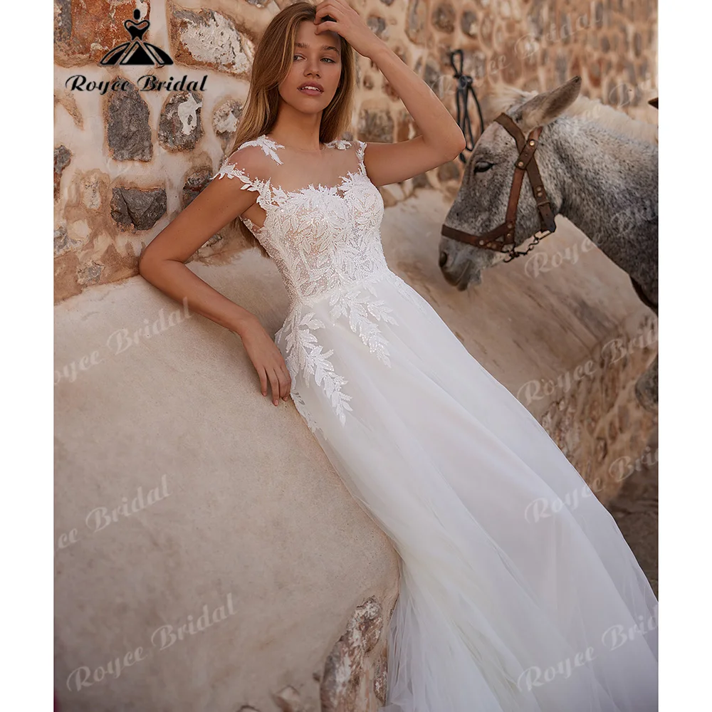 2027 Illusion Cap Sleeve A Line Wedding Dress Leaf Lace Beaded Bodice Tulle Court Train Bridal Gown For Destination Customized