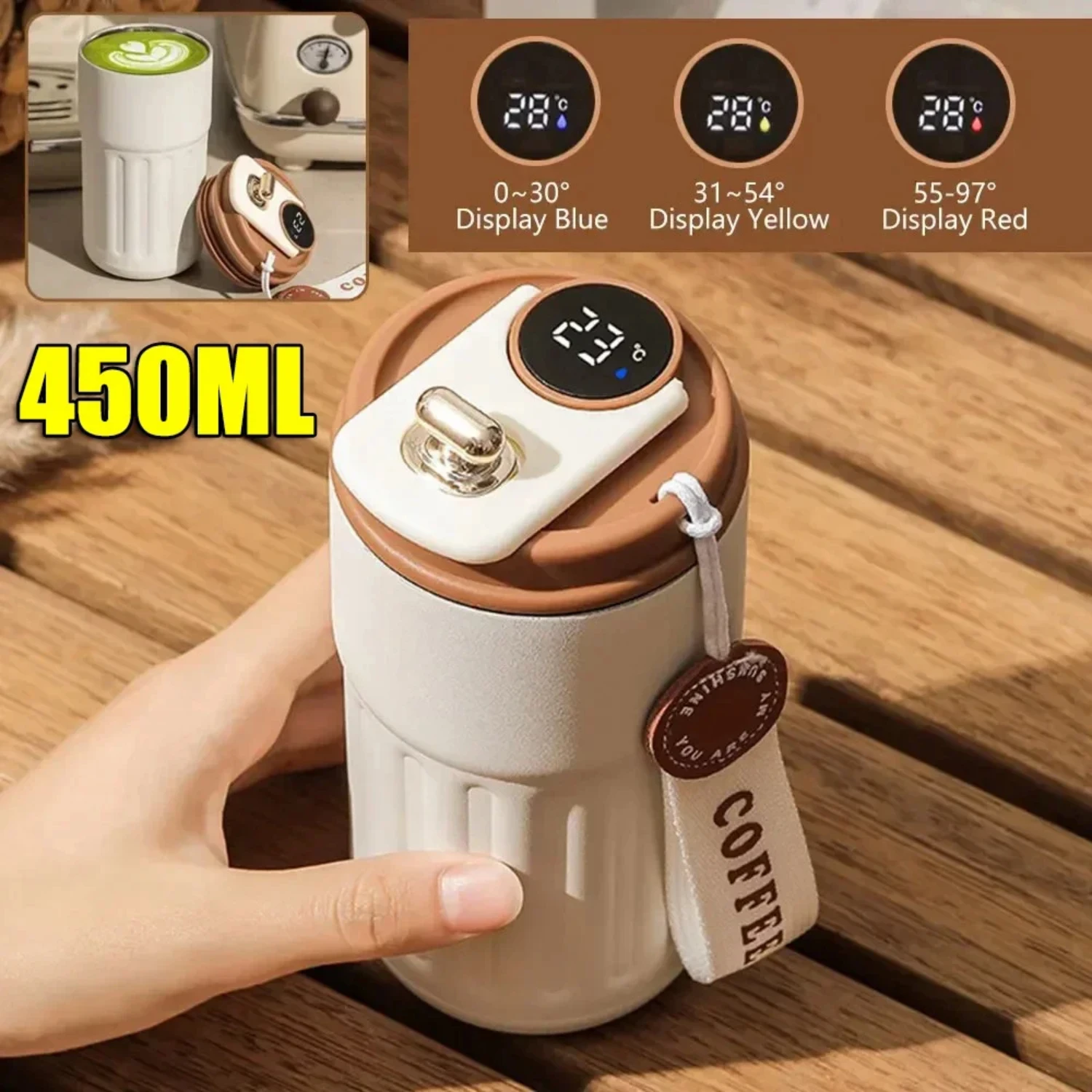 High-value 316 Stainless Steel Insulated Portable Coffee Mug 450ML Intelligent Temperature Measuring Mug Perfect for on-the-go E