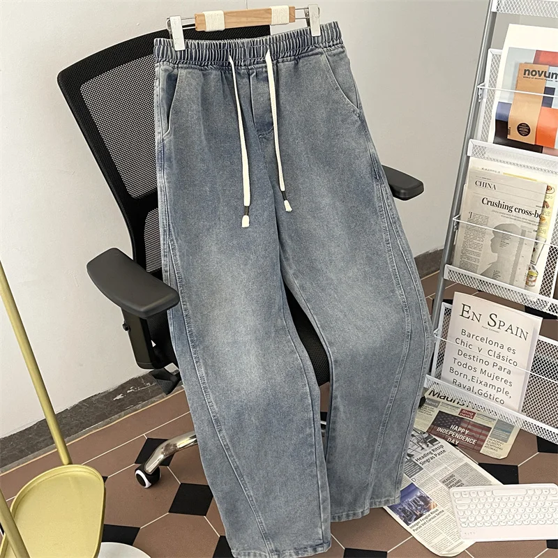 

2024 Spring Autumn Men Baggy Jeans Men Wide Leg Pants Big Pockets Elastic Waist Streetwear Trousers Male Loose Denim Pants W434