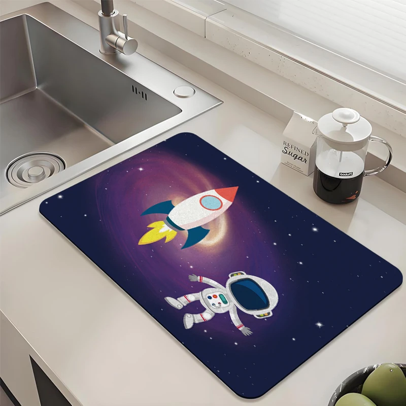 

Astronaut Rocket Kitchen Drying Mat - Absorbent Non-Slip Quick Dry Pad for Sink Countertop