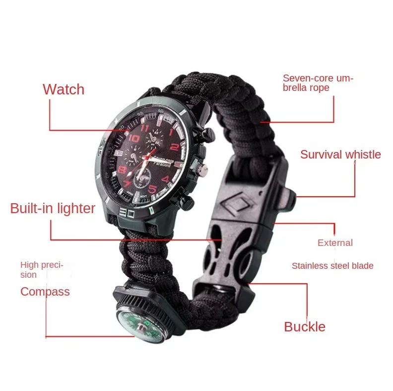 Outdoor Multi-funcional Weaving Bracelet Watch, Sobrevivência, Firestone Compass, Umbrella Rope, Sete Núcleo
