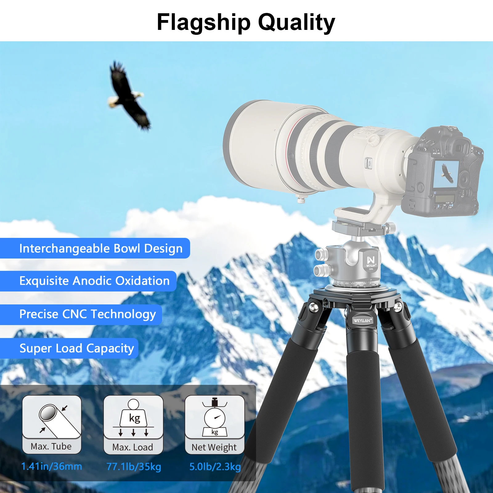 WEYLLAN trépied professionnel en Fiber de carbone trépied robuste 36mm Tube 35kg maxload bol trépied observation des oiseaux support de caméra NX8