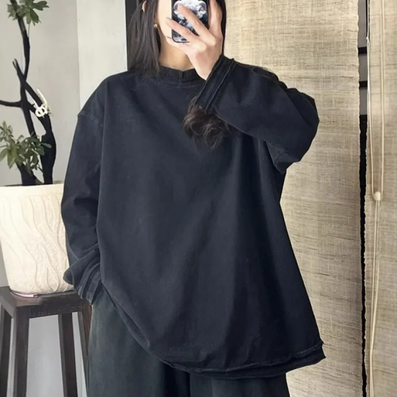 Mass Wasss O넥 용수철 클래식 레저 여성 빈티지 하라주쿠 상의, 느슨한 오버사이즈 티셔츠, 면 럭셔리 의류