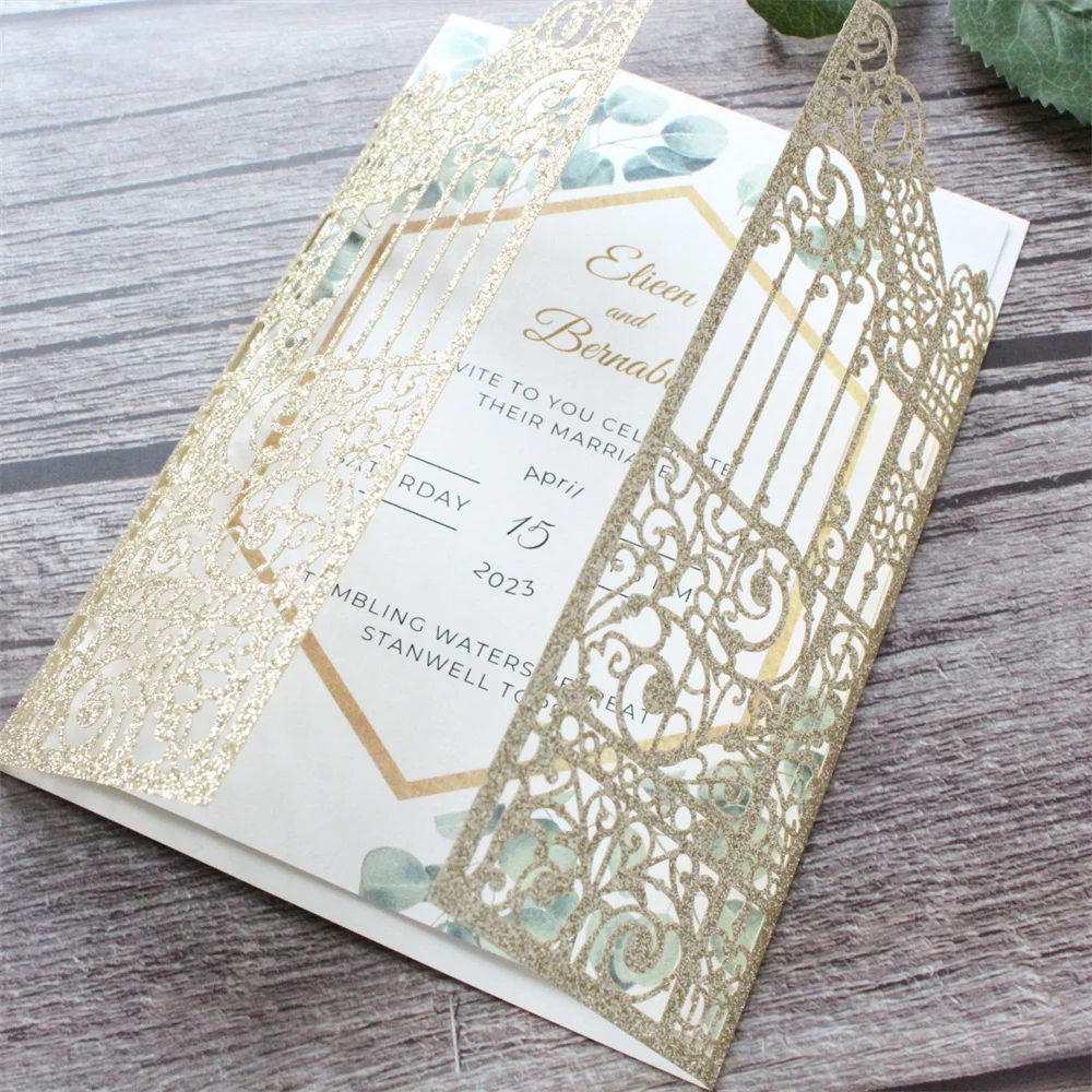 Gate Laser Cut Invitations Wedding Bridal Shower Customized Printing Gold Silver Glitter Paper 250g 50 Sets