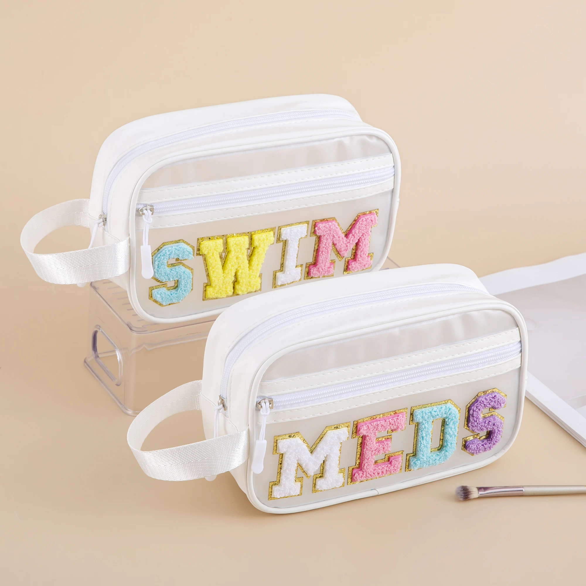 Women Cute Transparent Preppy Chenille Letter Clear PVC SWIM Makeup Bag MEDS Medicine Pouch with Strap Handle Cosmetic Pouch