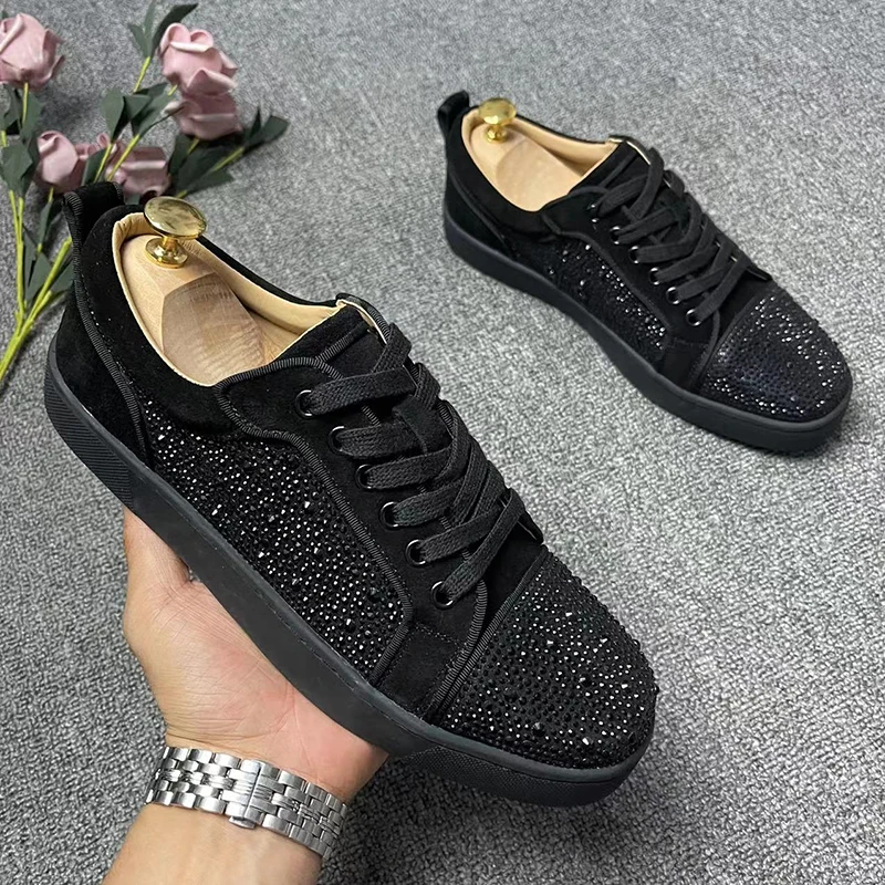 men luxury fashion rhinestone rivets shoes black white lace-up flats shoe punk hip hop dress original leather sneakers footwear