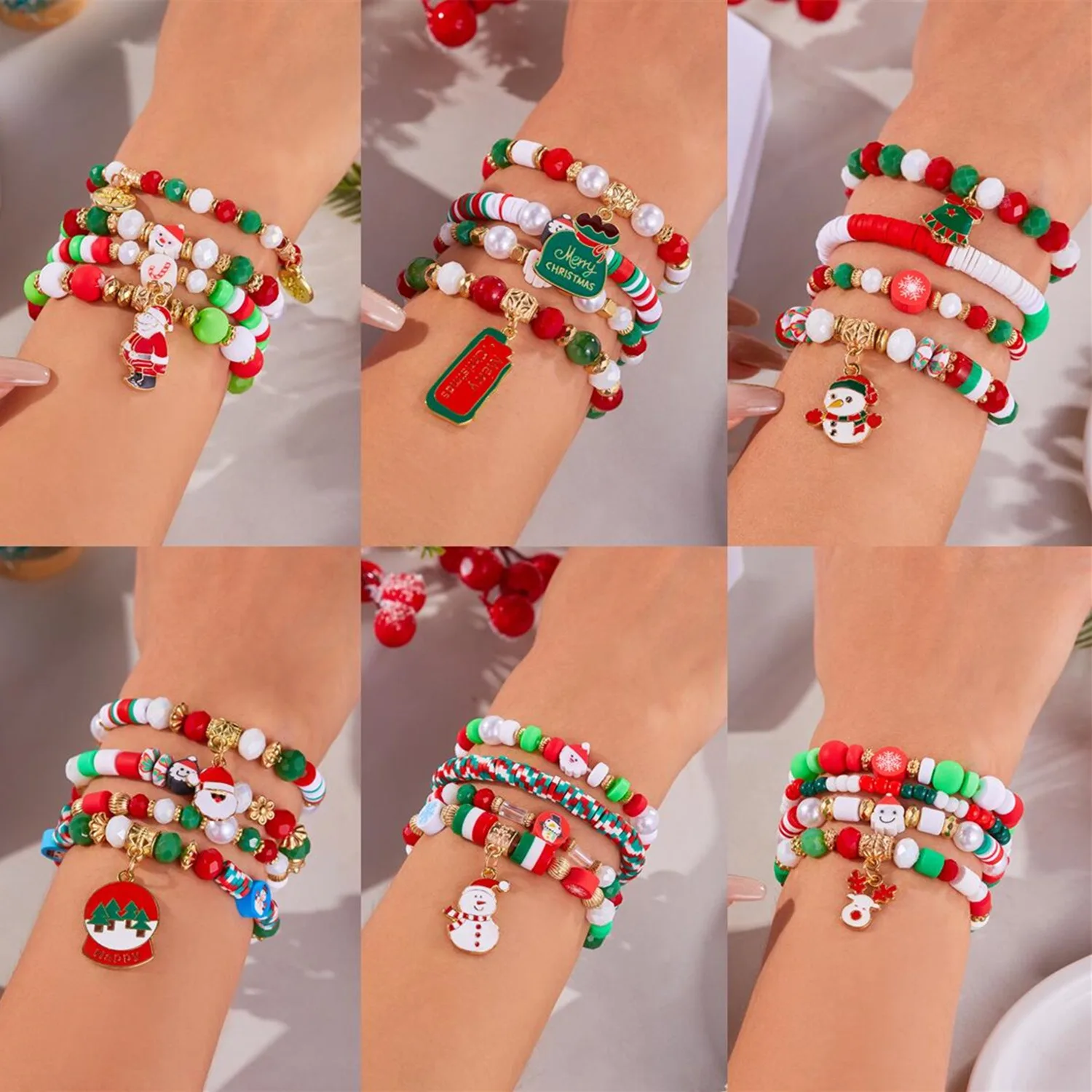 

Christmas Combination Bracelet Creative Colorful Acrylic Santa Snowflake Stretch Beaded Bracelet Kids Merry Christmas Gift Favor