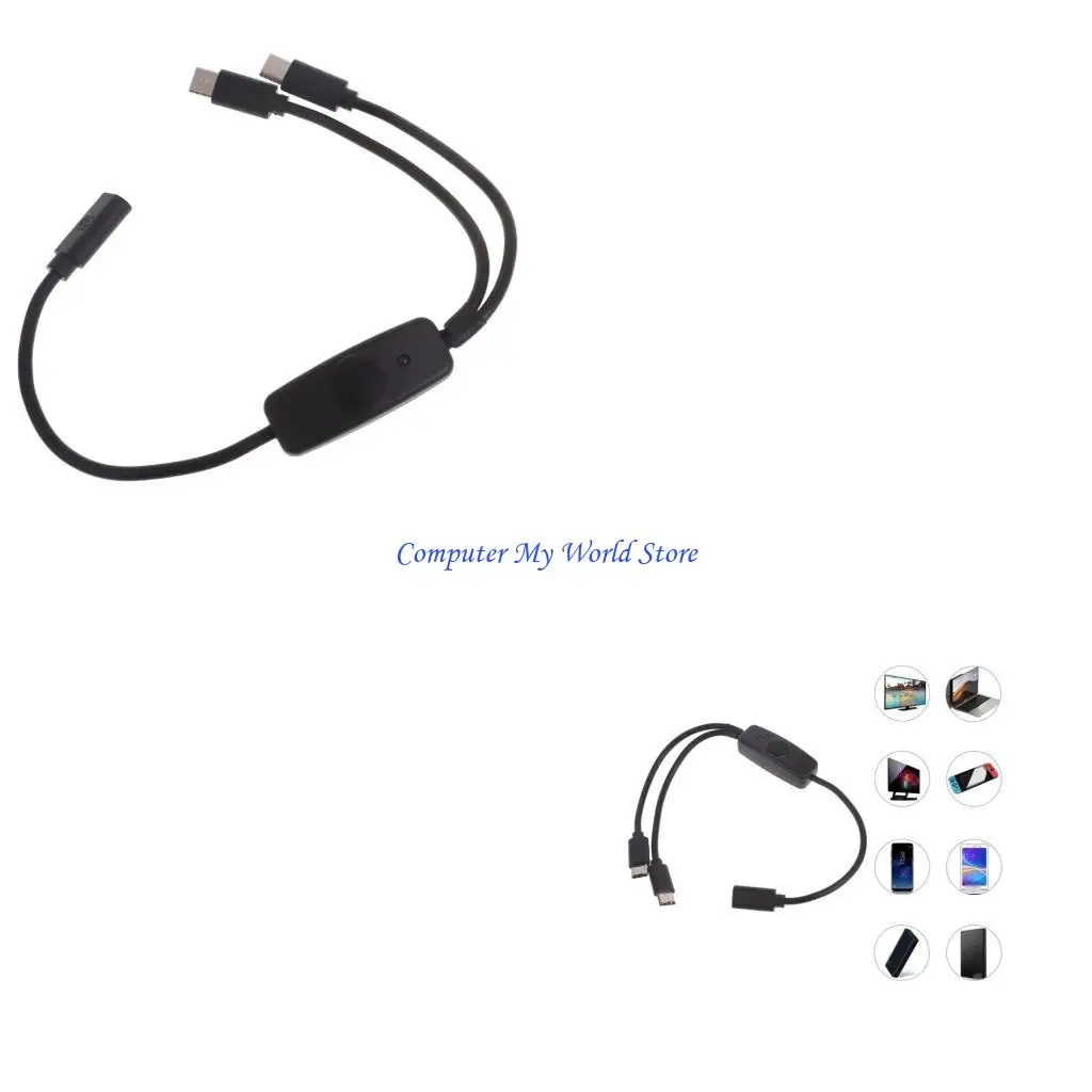 

Type C Female to 2 Male Charging Cable with On/Off Button and LED Convenient Charging for Multiple Devices