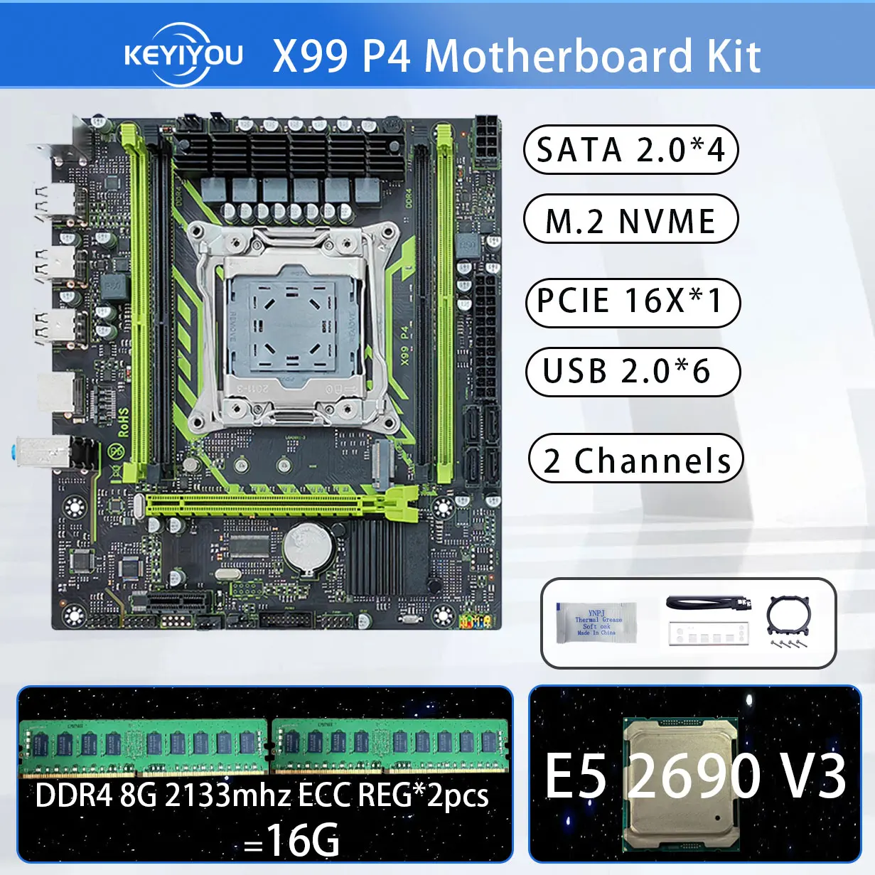 KEYIYOU X99D4M LGA 2011-3 motherboard kit xeon E5 2690 V3 2.6GHzKit 16GB 2133MHz DDR4 16G memory X99 Combo