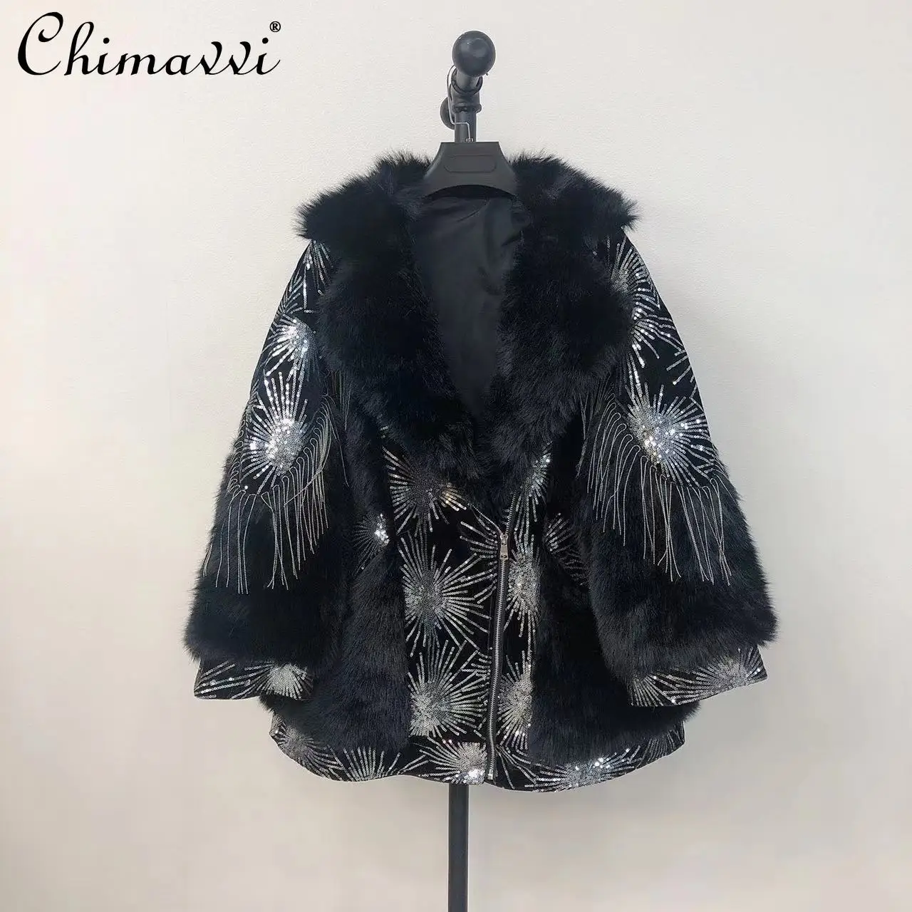 

Women 2023 Winter Fashion Elegant Warm Imitation Toka Mid-Length Coat Ladies Patchwork Streetwear Sequins High Street Fur Jacket