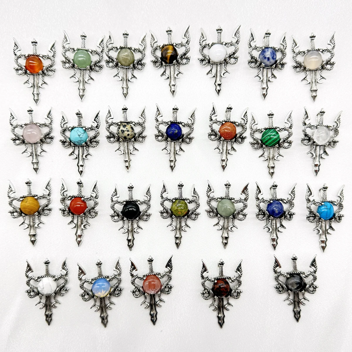 Natural Gem stone Quartz Crystal Amethyst Sword alloy retro style pendant charms for DIY jewelry making necklace 10pcs