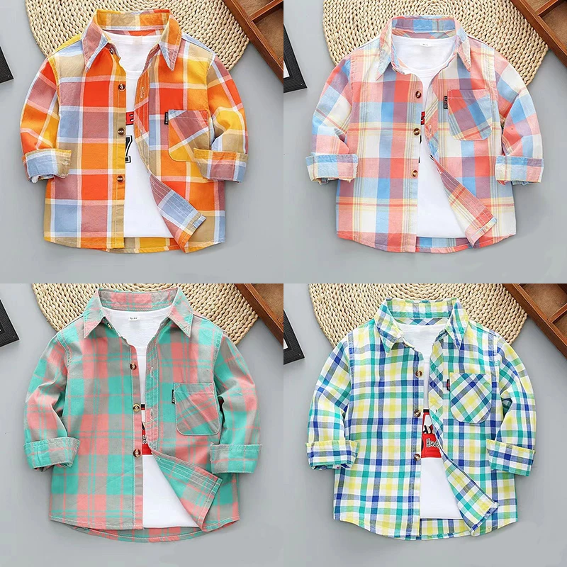 

1-8Y Toddler Boys Shirt Spring Summer Cotton Plaid Printed Jacket Fashion Kids British Style Long Sleeve Shirt Children Clothing