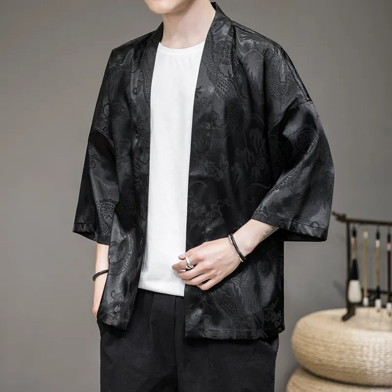 Men's Summer Lightweight 3/4 Sleeve Jacquard Open Front Kimono Jacket Chinese Style Dragon Pattern Oversized Loose Outerwear