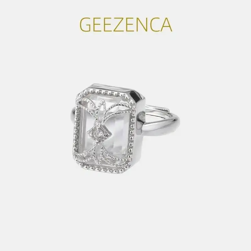 

GEEZENCA Natural White Crystal 925 Silver Square Resizable Ring For Women Clearance Limited First Come First Get