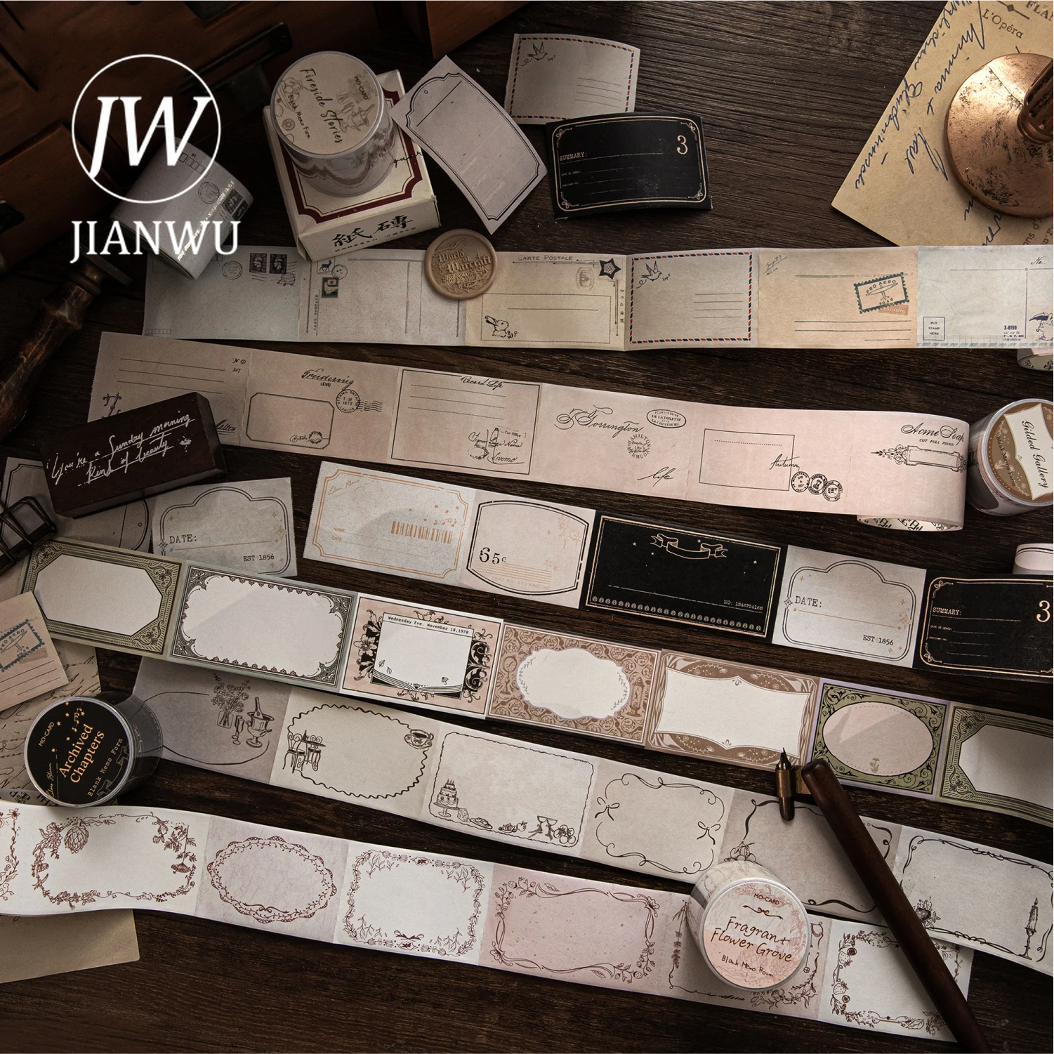 JIANWU Memo Blank Signature Series Vintage Stamp Border Label Landscape Material Collage Tape Creative DIY Journal Stationery