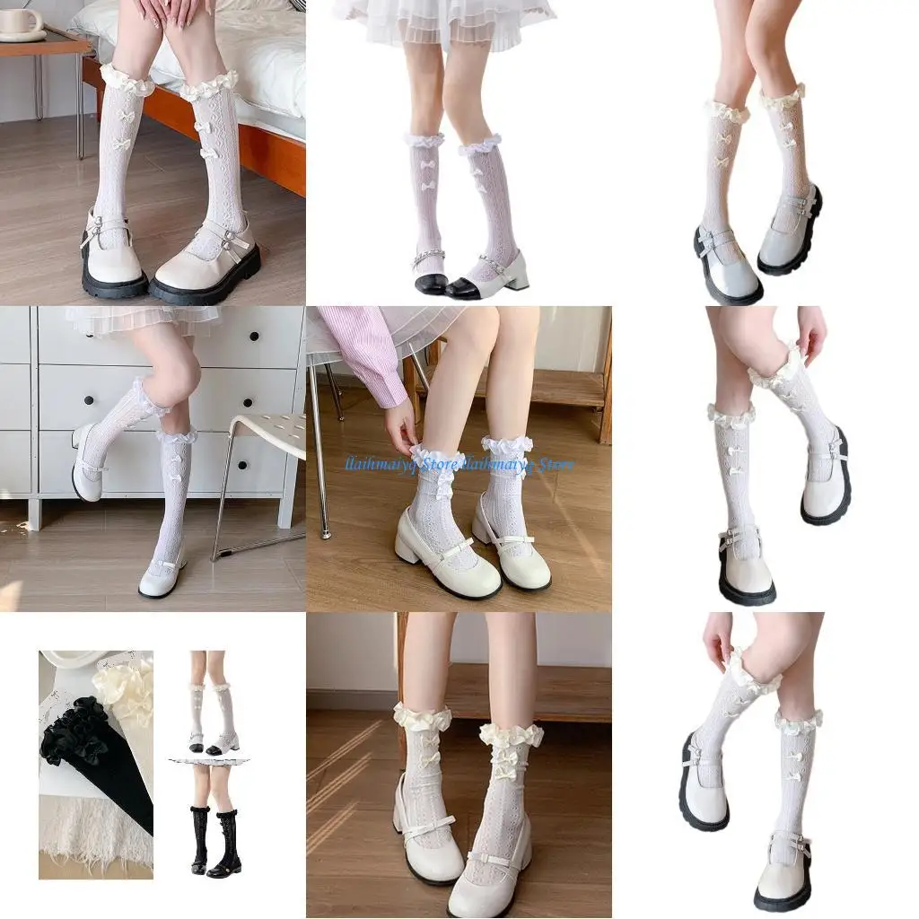 

573B Women Hollowout Striped Mesh Long Socks Ruffle Trim Bows Accent Over Calf Socks