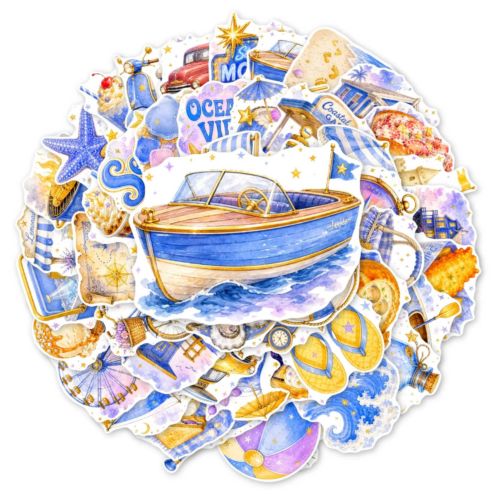 50Pcs Blue Ocean Beach Theme Stickers Marine Elements Vacation Decals Waterproof for Journal Scrapbooking DIY Decoration