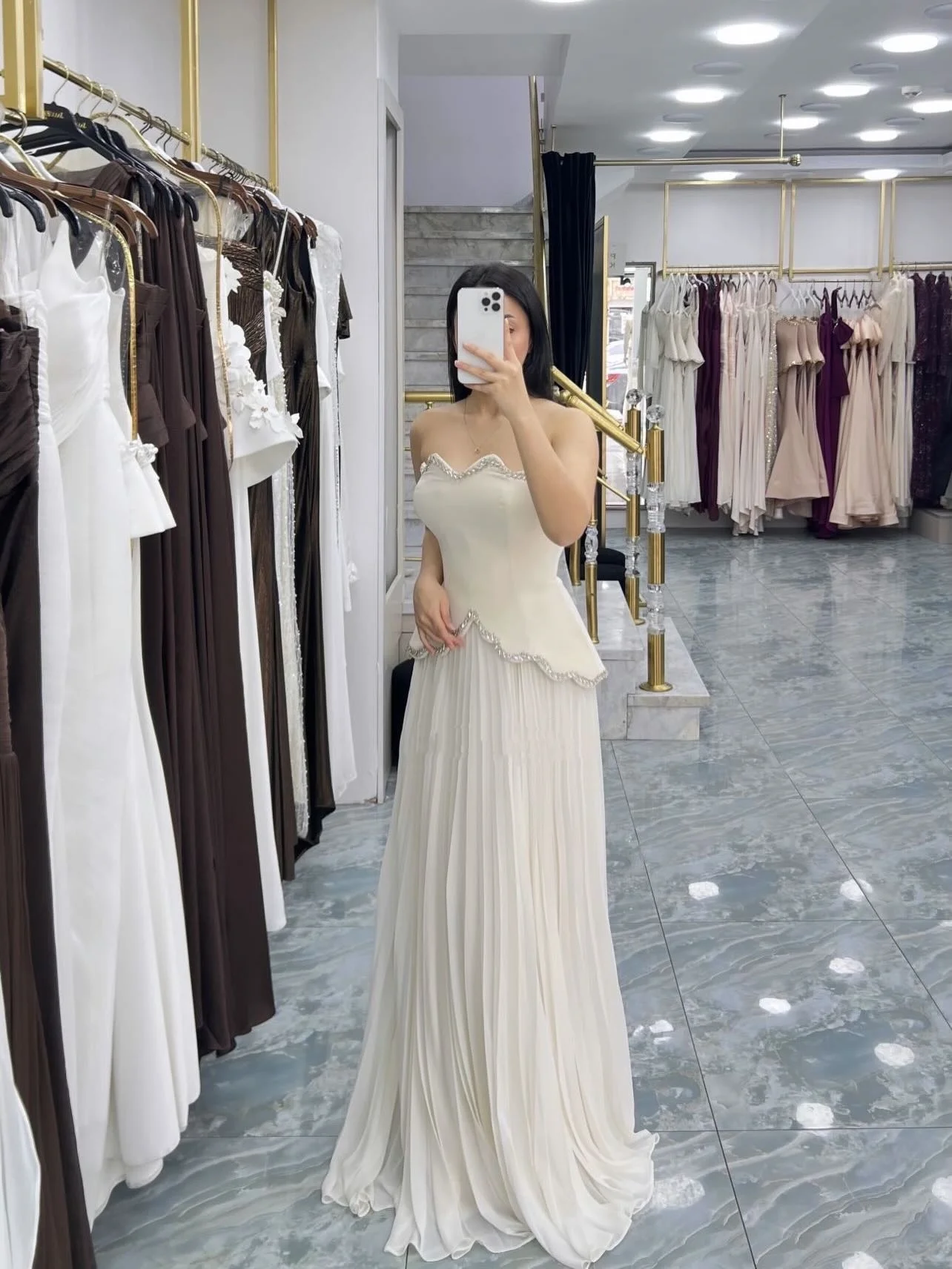 Customized Beige Modest Jersey Draped Pleat Rhinestone Shawl A-line Off-the-shoulder Floor-Length Evening Dresses for Woman