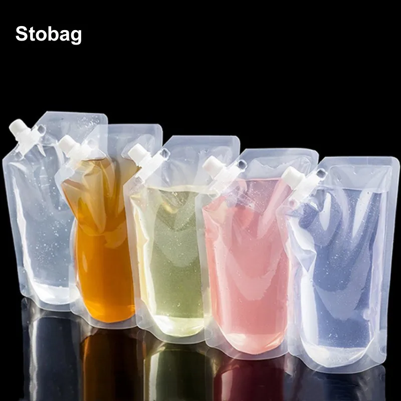 

StoBag 100pcs Wholesale Transparent Liquid Packaging Bags Drinking Plastic Juice Beverage Sealed Clear Stand Up Storage Pouches