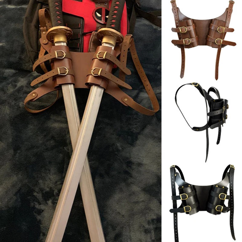 Vintage Medieval Scabbard Knight Sword Holster Double Strap Sword Back Holder Black Bag Holster Warrior Armor Costume Cosplay