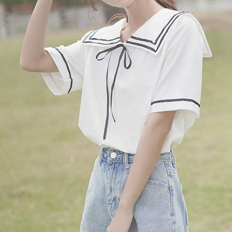 Korean College Sweet White T-Shirt Harajuku Sailor Collar Tops Fashion Japan Student Women Clothes Summer Solid Casual Pullovers