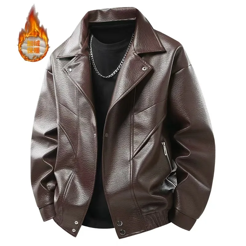 

Сплошной цвет, утепленные куртки из искусственной кожи, зимняя ветрозащитная теплая мужская одежда, модная верхняя одежда с отложным воротником, повседневная универсальная одежда