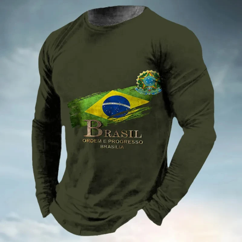 Long Sleeve Tshirts 3D Print Retro Brazilian Flag Emblem  Loose Men Women Unisex Round Neck Harajuku Oversized TShirt Clothes