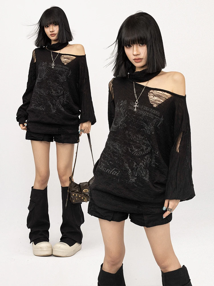 

OCTTFLAB American Retro Hot Girl oulder Bared Long Sve Bla Sweater Cover up Women Loose Fit oulder Bared Top