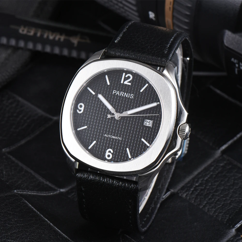 Fashion Parnis 40mm Black Dial Automatic Men Watch Leather Strap Sapphire Crystal Mechanical Luxury Watches relogio masculino