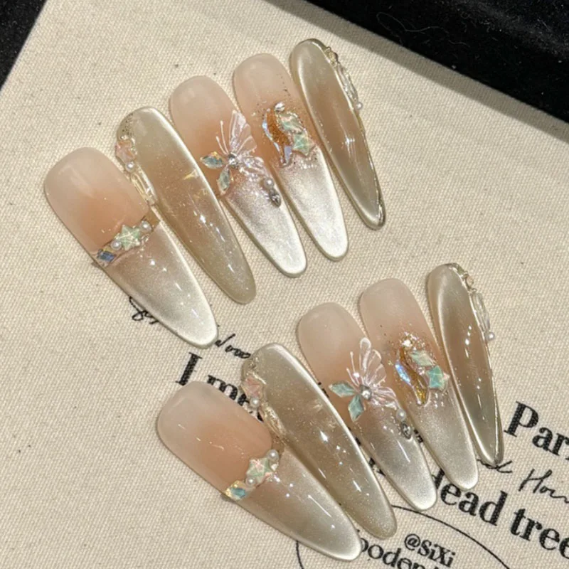 

Cool Butterfly | Delicate Cat Eyes 4.0cm Long Stiletto Press On Nails Rhinestone Fake Nails 10pcs Handmade French Nail Tips