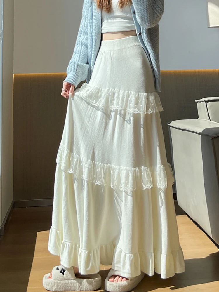 ميدي تنورة طويلة المرأة محبوك تنورة 2025 القوطي لوليتا الخريف الشتاء عالية الخصر عالية منخفضة طبقة Ruched الدانتيل كشكش تنورة روك