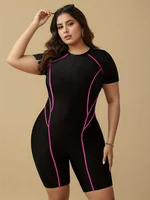 Plus Size Women's Short Sleeve One Piece Swimsuit Contrast Pink Stitching Zip Front Tummy Control Surfing Bathing Suit - Image 4