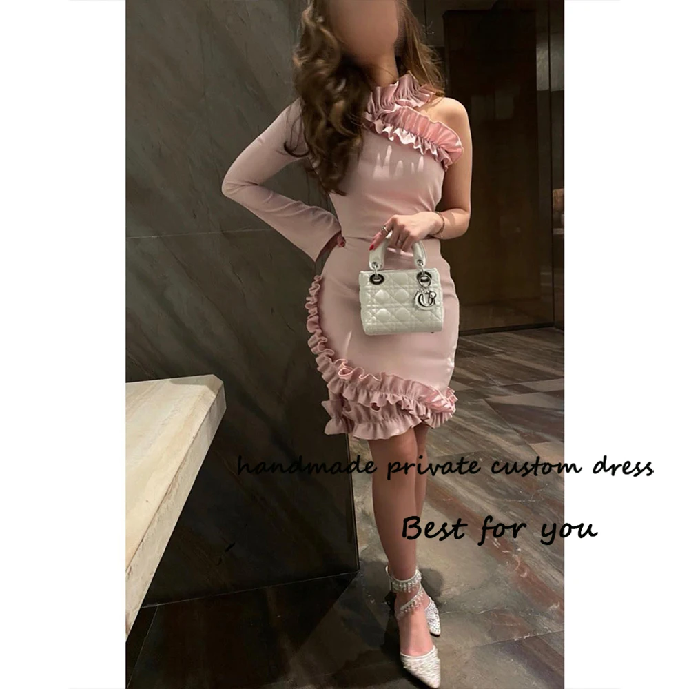 

Dusty Pink Short Prom Party Dresses One Sleeve Arabic Dubai Formal Dress Ruched Satin Bodycon Cocktail Gala Gowns