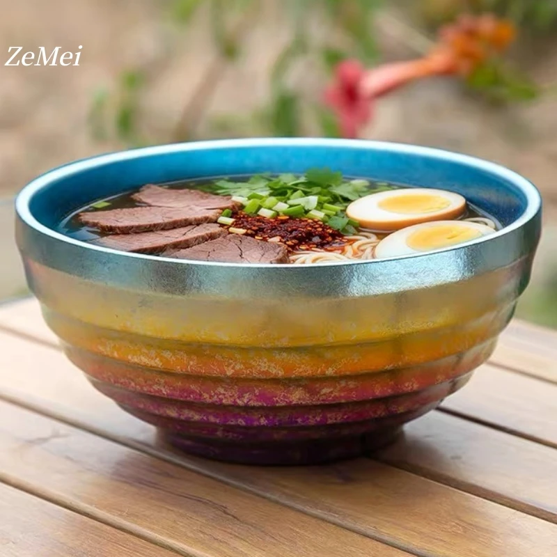 Pure Titanium Double-Layer Insulated Pasta Bowl,Large Capacity Thread Texture Home Salad Bowl,Non-Slip Spiral Titanium Tableware