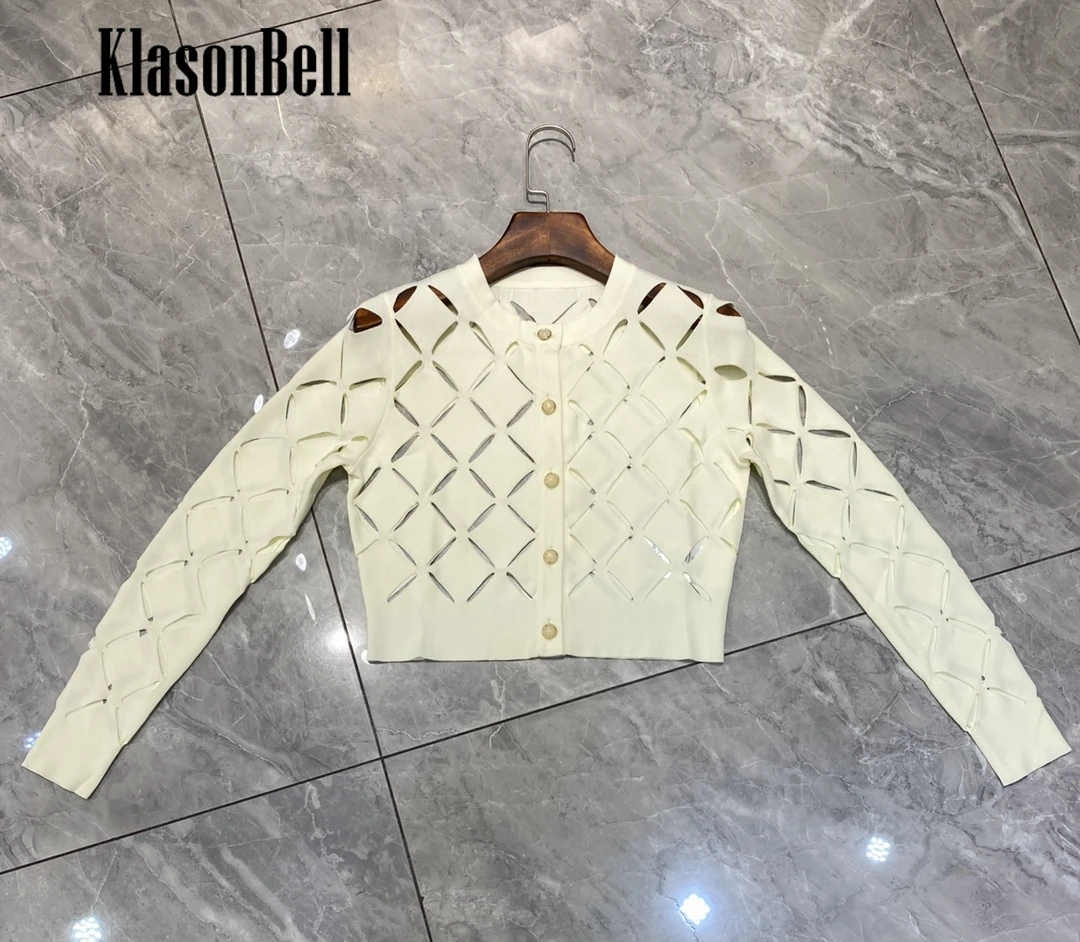 1.8 KlasonBell Temperament Hollow O-Neck Single Breasted Knit Cardigan Solid Color Elegant 2024 Spring Design Office Ladies