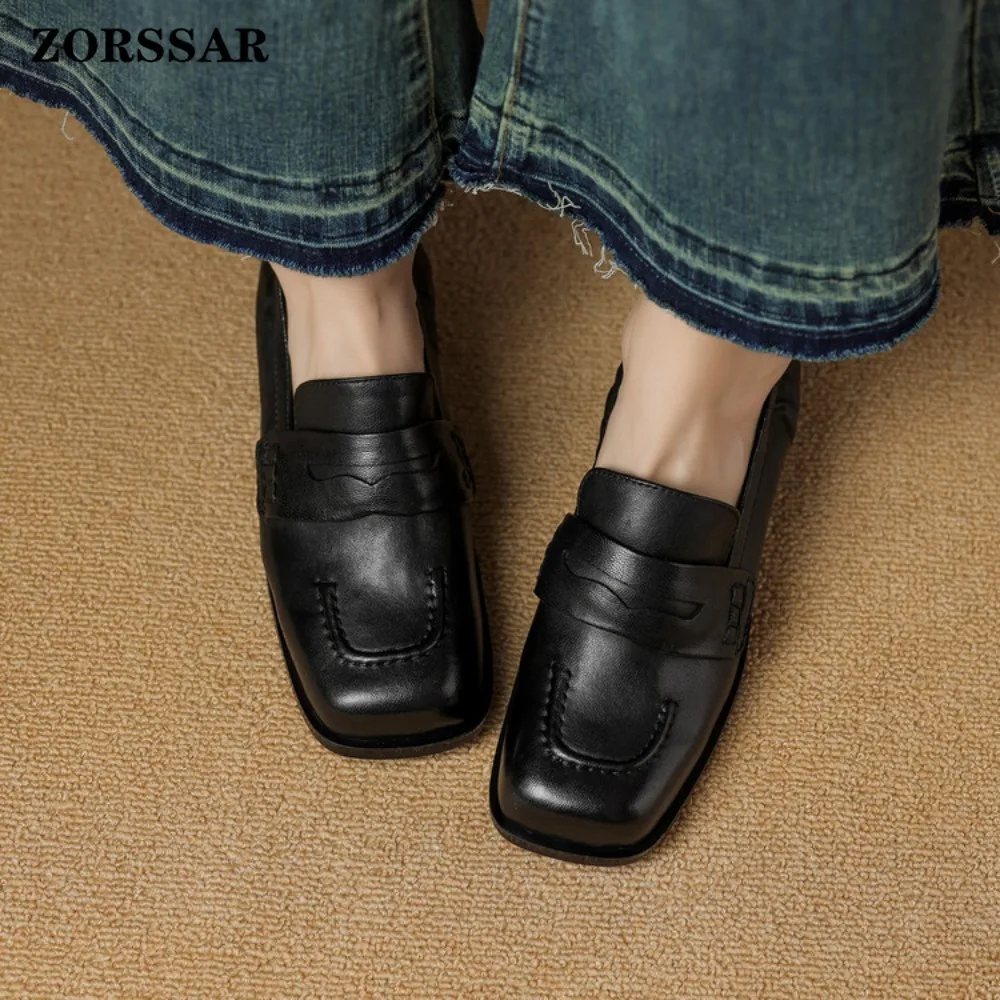 2026 New Spring Autumn Women's Shoes Genuine Leather Square Toe Flat Leather Mid Mouth Casual Loafers Shoe Comfort Soft Fashion