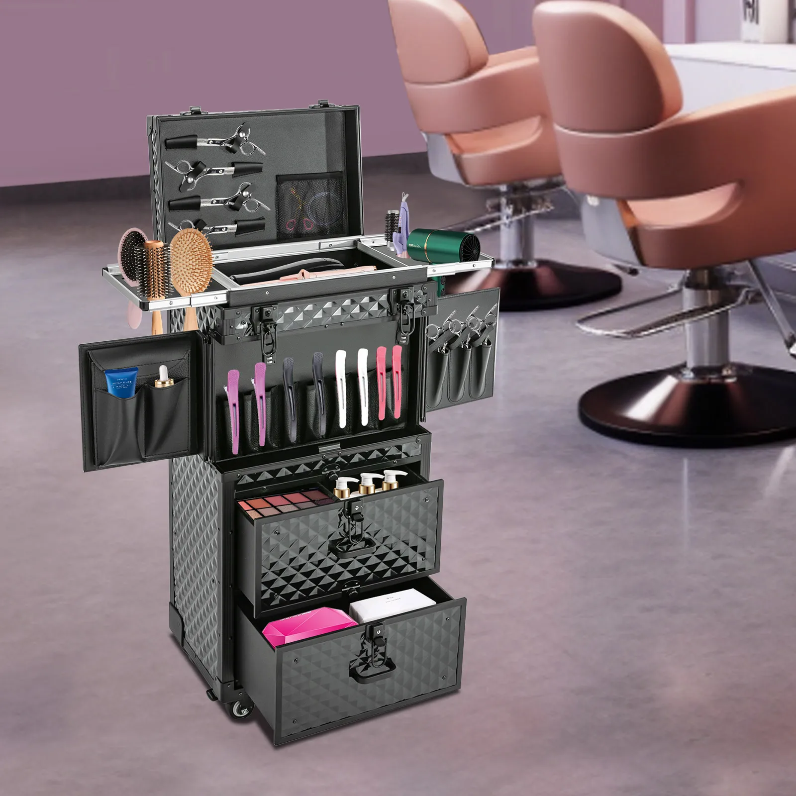 Multi-functional Cosmetic Trolley Storage Case Cosmetology Case with Compartments Rolling Train Case