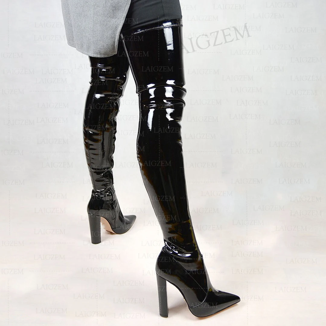 BERZIMER Women Thigh High Heels Boots Stretchy Pointed Toe Thick High Heels Boots Over Knee Black Shoes Woman Big Size 39 43 47