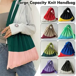 1pc Knitted Pleats Tote Organ Bag Designer Chic Stitching Contrast Korean Retro Fashion Women Shoulder Shopper Handbag Foldable
