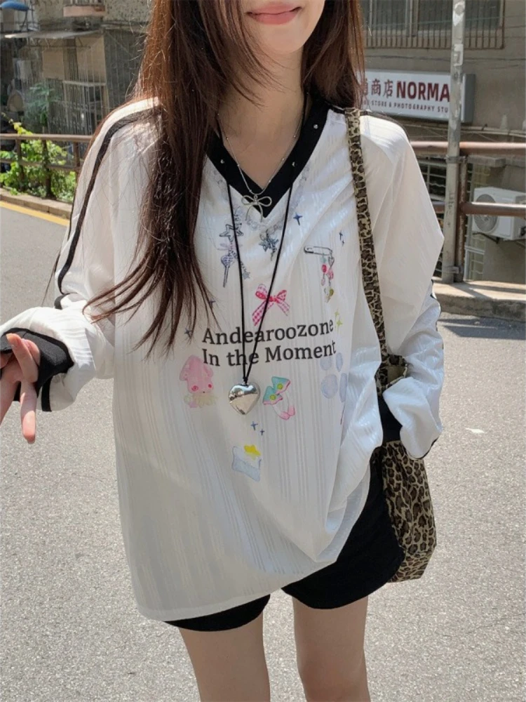 

Sporty Sun Protection Jersey T-shirt Korean Style V-Neck Graphic Print T-shirts Oversized Long Sleeve Summer Women Casual Shirt