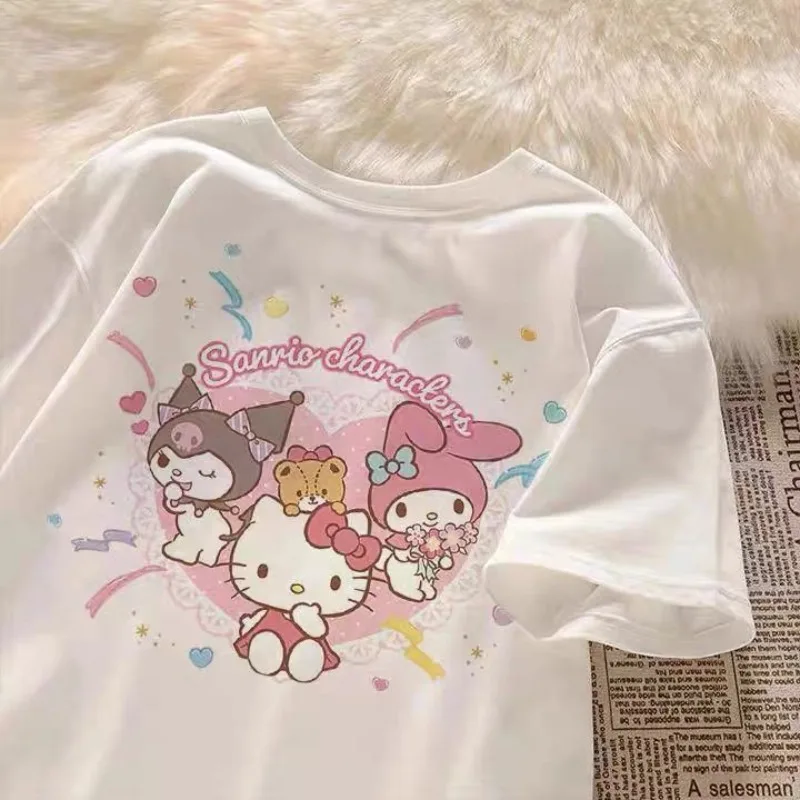 

Hello Kitty My Melody Anime Kawaii Sanrio Ins Short-sleeved Shirt New Cute Kuromi Fashion Loose Top Cloth Gifts for Kids
